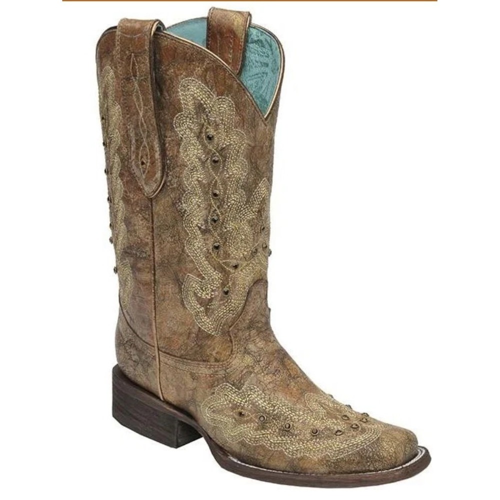 Corral Cowboy Boots Distressed Brown Gold Embroidery 8.5 Square Toe Stud